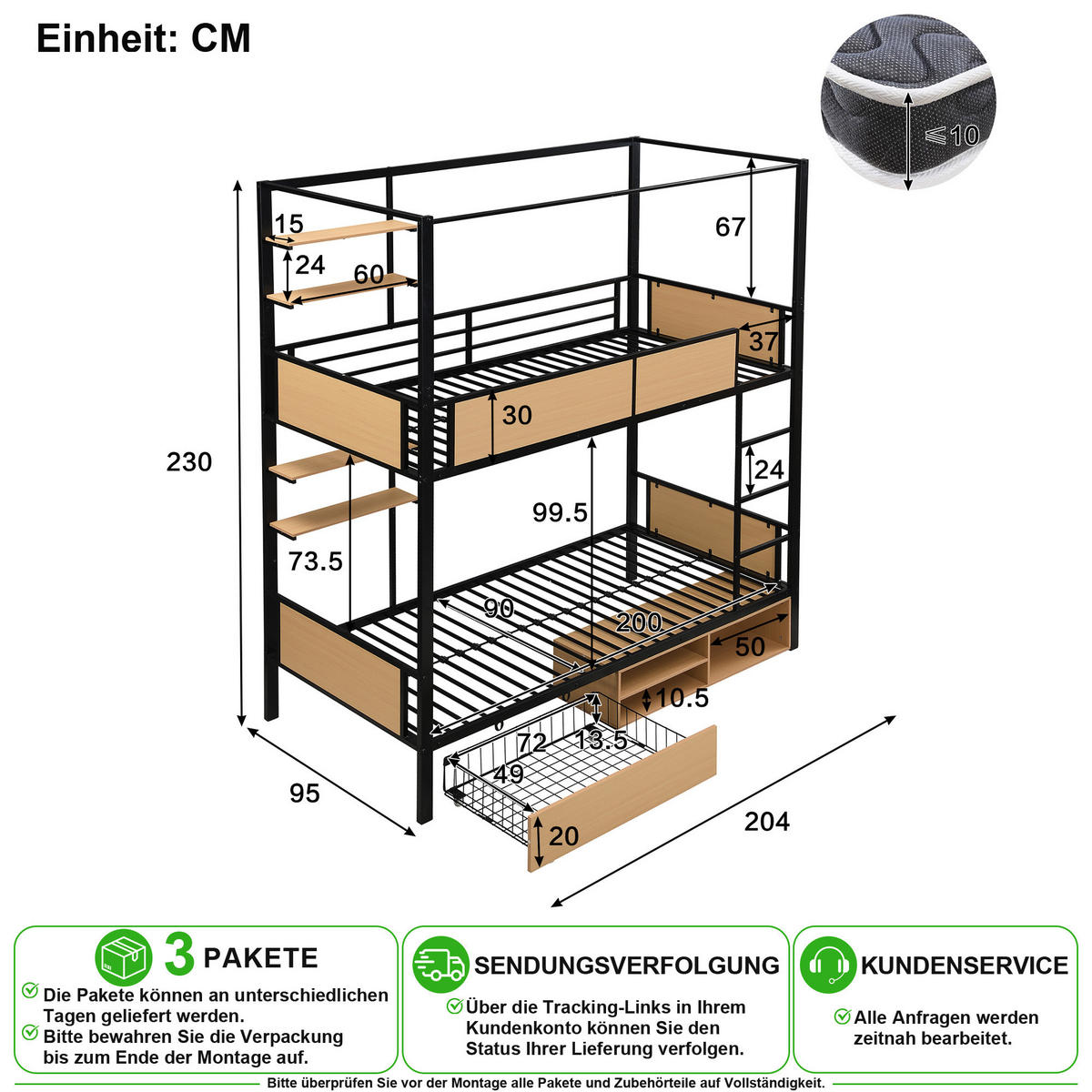 ETAGENBETT 90/200 cm in Schwarz & Natur mit Schubladen, Ablage und Stauraum - Schwarz, Holzwerkstoff/Metall (90/200cm) - CHICFURN