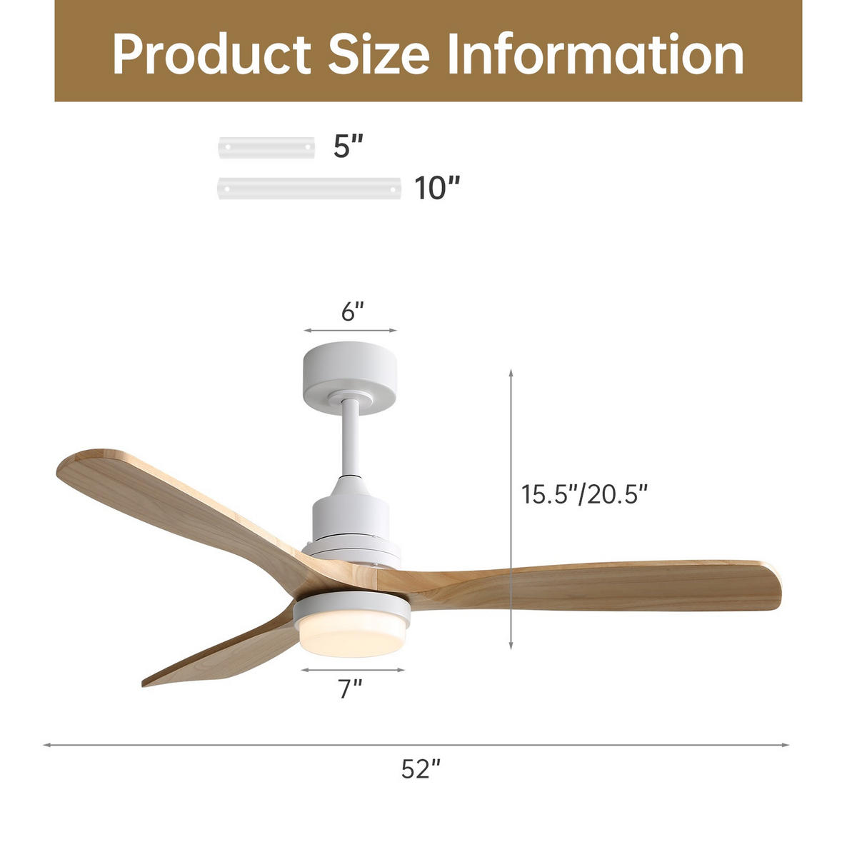 DECKENVENTILATOR DE-16189 52 Zoll mit dimmbarer LED & 3 Holzflügeln - Weiß, Holz/Metall (132/132/31.3cm) - ComfortXL