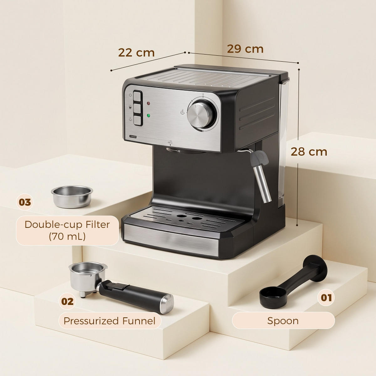 ESPRESSOMASCHINE 20 Bar mit Milchaufschäumer Schwarz - Schwarz, Metall (22/28/29cm) - Rolipo