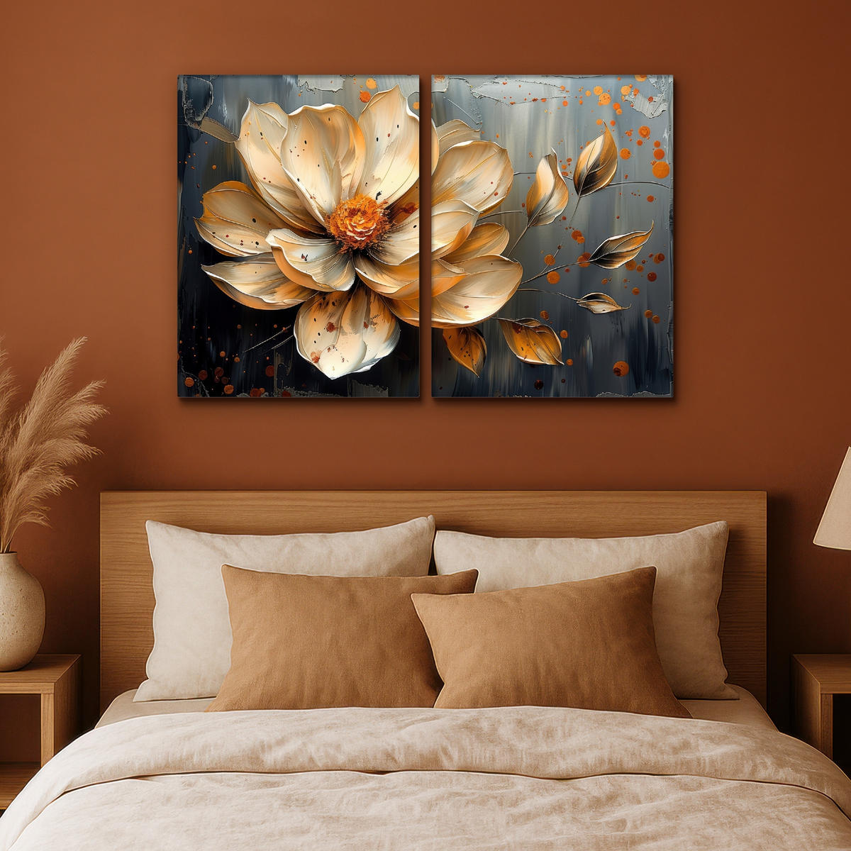 LEINWANDBILD 2er Set Blume - Gold - Abstrakt - Farbe 120x80 cm - Creme, Textil (120/80cm) - MuchoWow