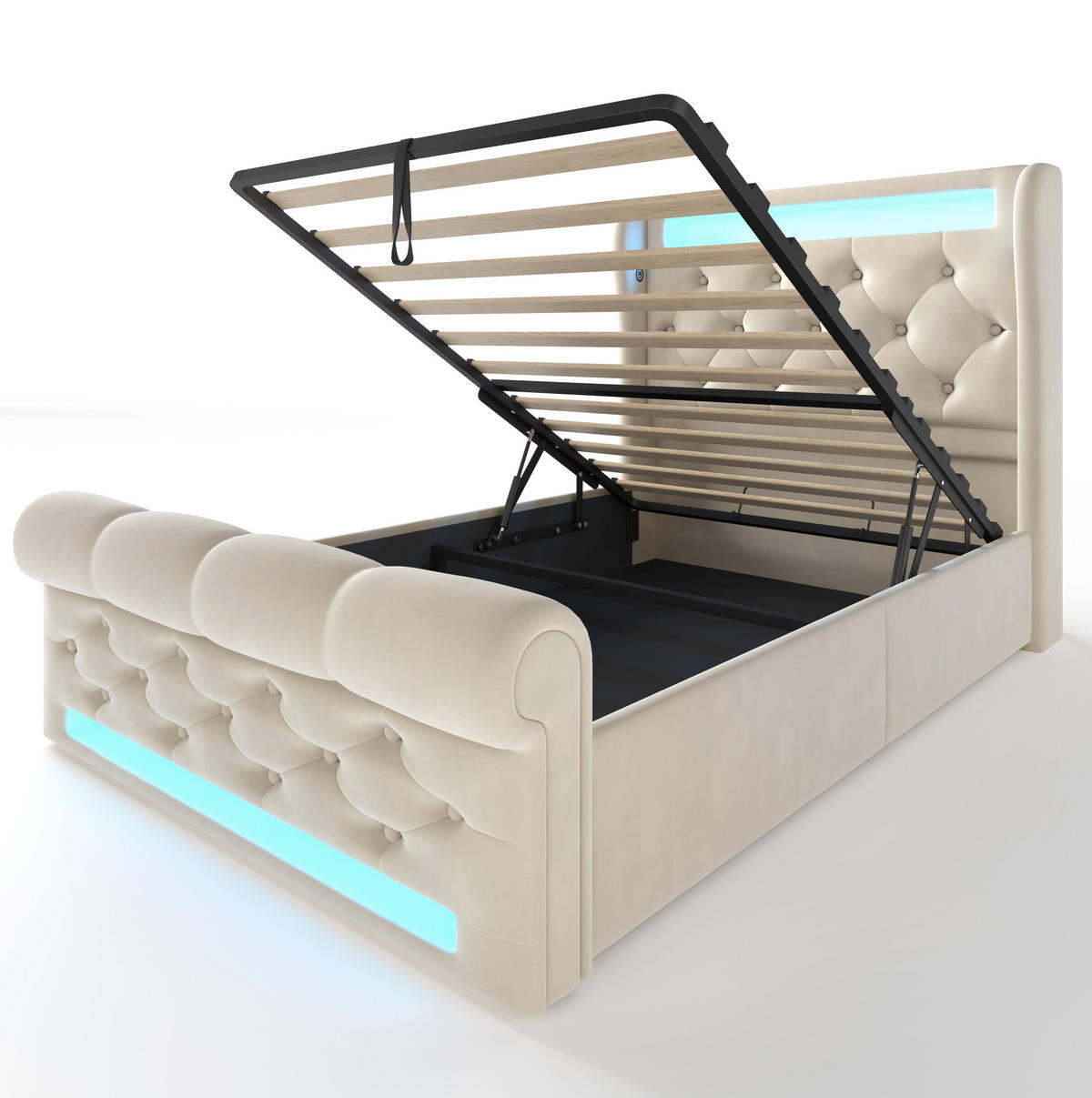 POLSTERBETT aus Samt 90x200 cm Beige mit LED-Beleuchtung, USB- und USB-C-Anschlüssen, hydraulischem Bettkasten - Beige, Textil (90/200cm) - IVMEU