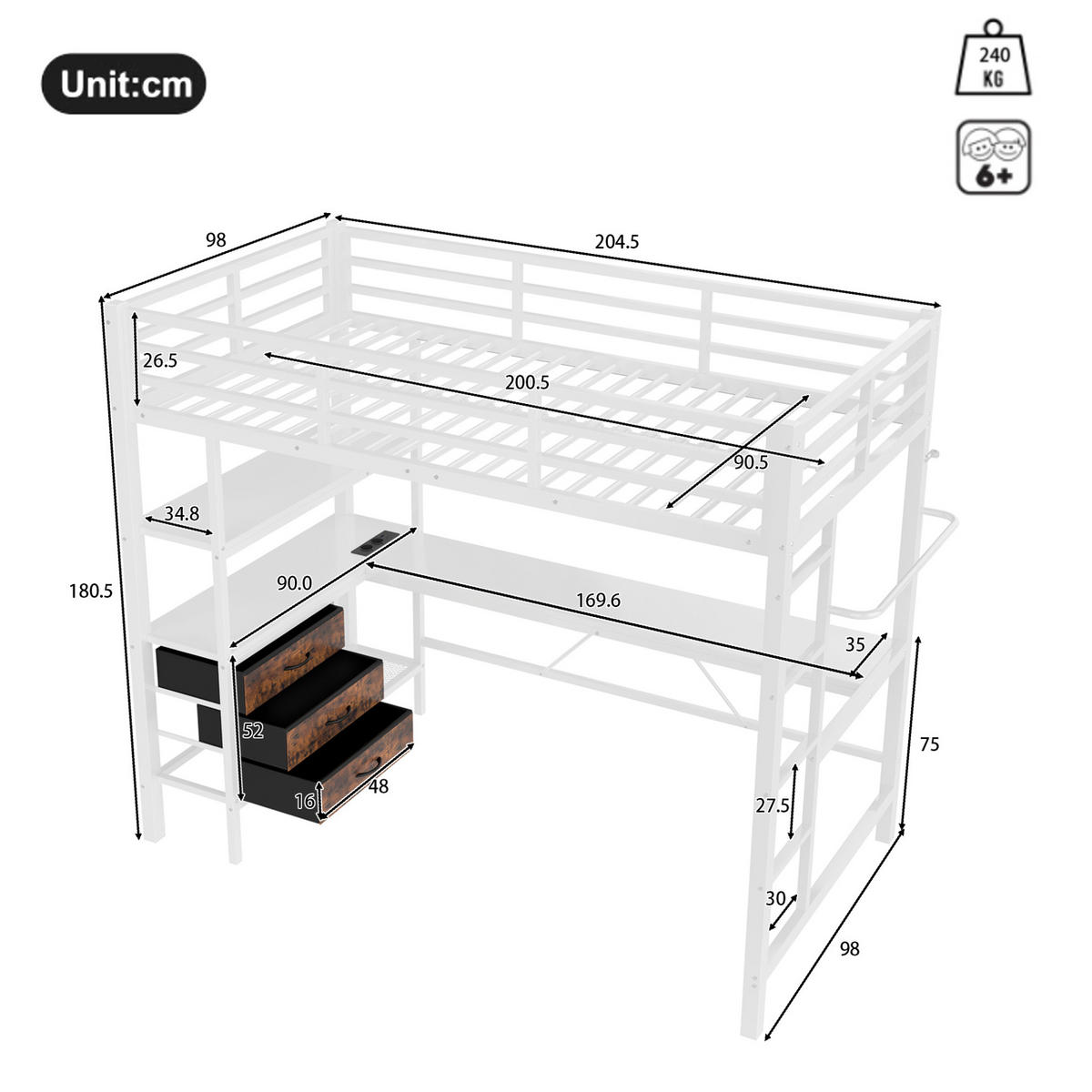 HOCHBETT aus Metall und MDF 90x200 cm Weiß mit LED-Beleuchtung, Schreibtisch, USB-Anschluss und 3 Schubladen - Weiß, Metall (140/200cm) - Modfu