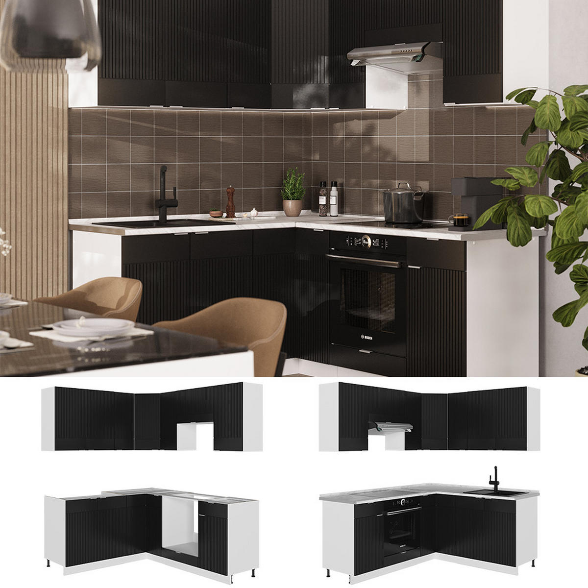 ROHOVÁ KUCHYŇ Fame-Line Černý pruhovaný/bílý 190 x 46 cm bez pracovní desky - bílá/černá, kompozitní dřevo (190/81.6/46cm) - Vicco