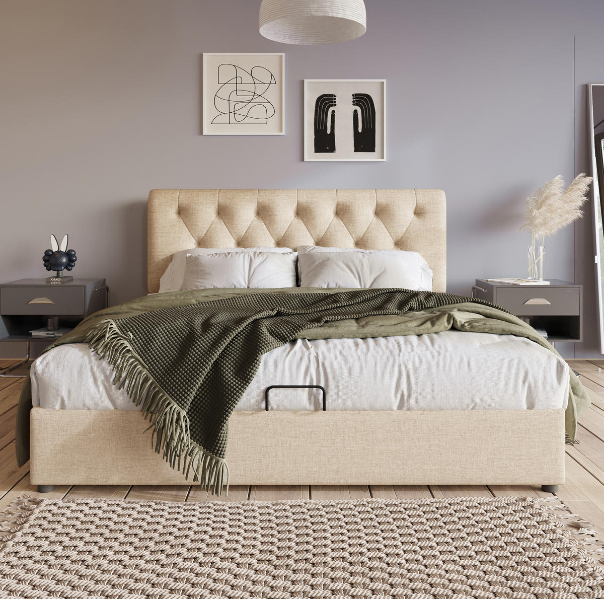 ČALOUNĚNÁ postel 160/200 cm lněná přírodní, s úložným prostorem a matrací - přírodní, textil (160/200cm) - BEAOK