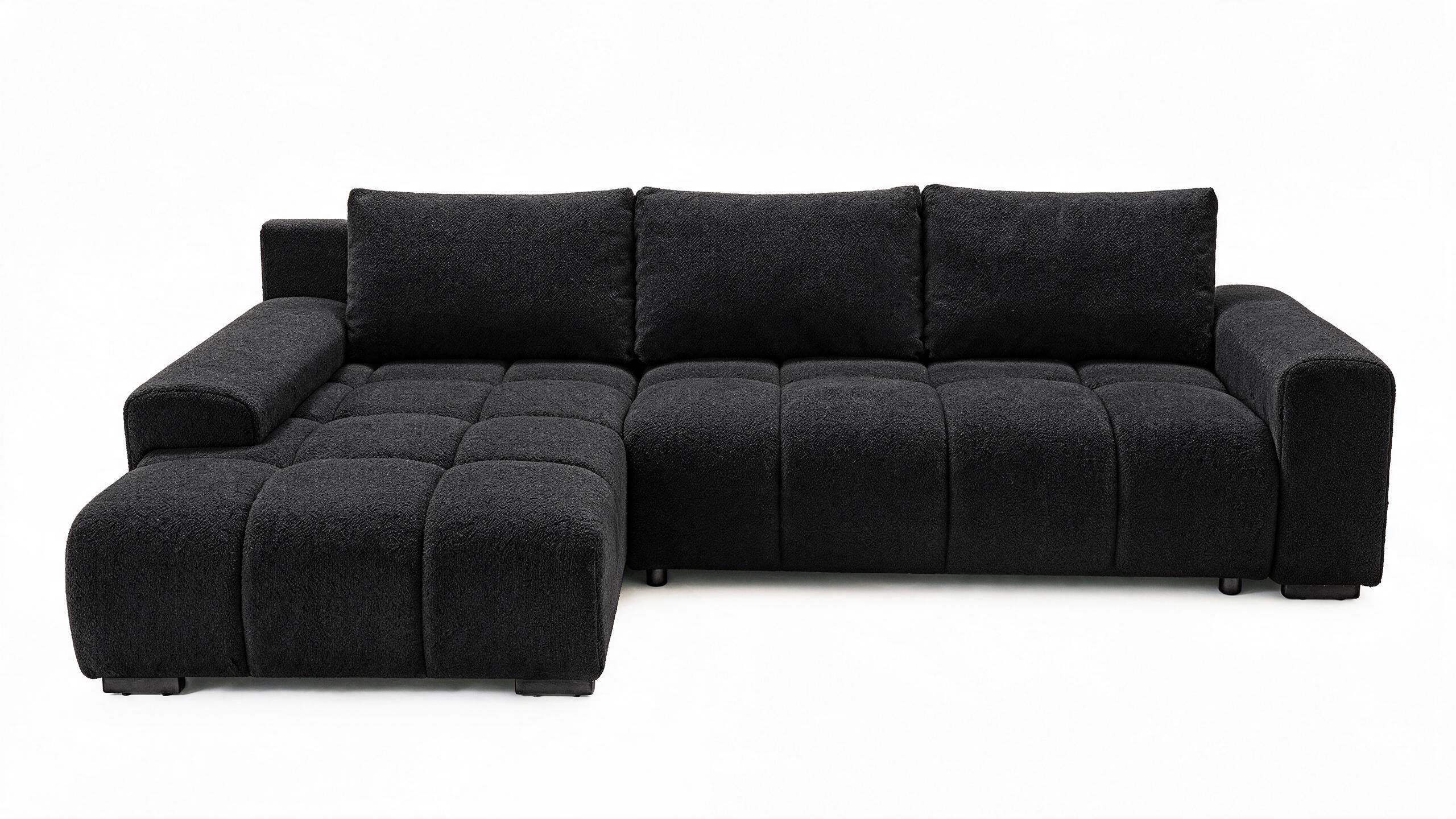 ECKSOFA Ovia mit Bettkasten und Schlaffunktion, Bouclé-Stoff in L-Form - Schwarz, Textil (270/185cm)