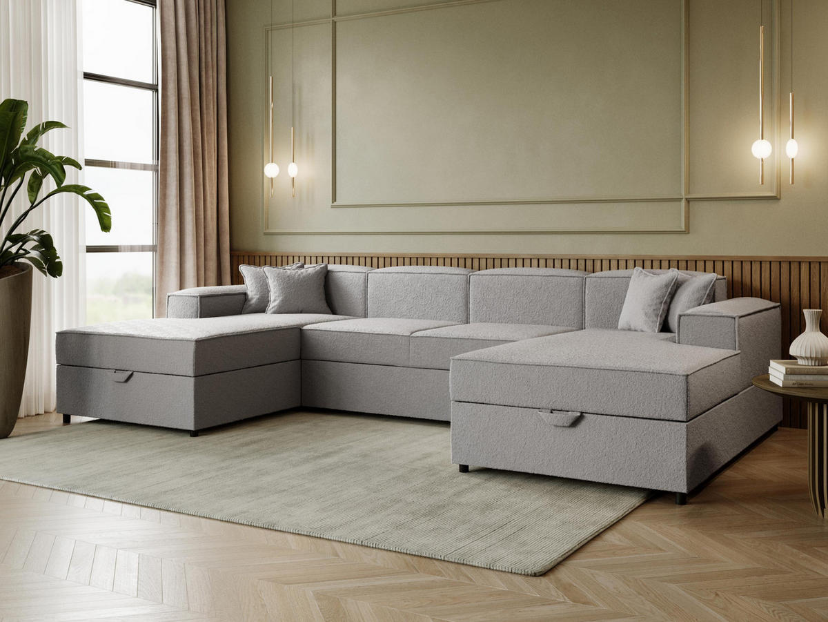 WOHNLANDSCHAFT Santos U Boucle - Schwarz/Grau, Holzwerkstoff/Kunststoff (320/79/166cm) - MIRJAN24