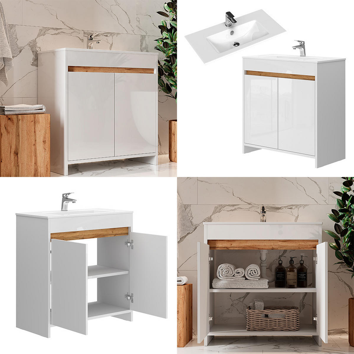 WASCHTISCHKOMBI Lemgo Weiß 2 Teile, Unterschrank 80 cm - Weiß Hochglanz/Weiß, Holzwerkstoff (79.8/81.9/40cm) - Vicco
