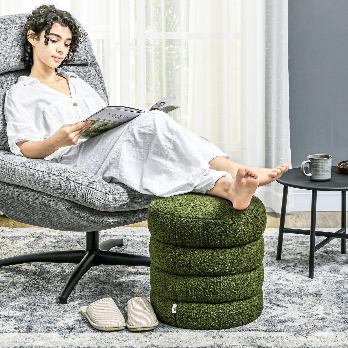 SITZHOCKER, Fußhocker, Runder Polsterhocker, Fußstütze mit Sitzkissen - Naturfarben/Grün, Holz/Textil (40/45/40cm) - HOMCOM