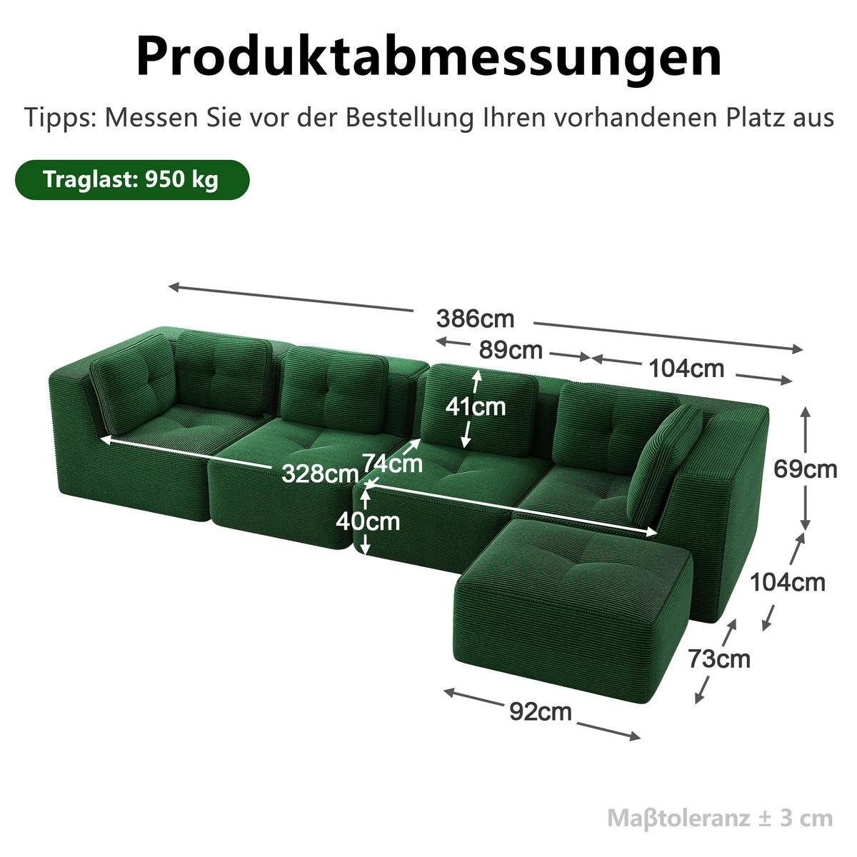 ECKSOFA DE-34220 4-Sitzer mit Tiefsitz Grün - Grün, Textil (177/386cm) - ComfortXL