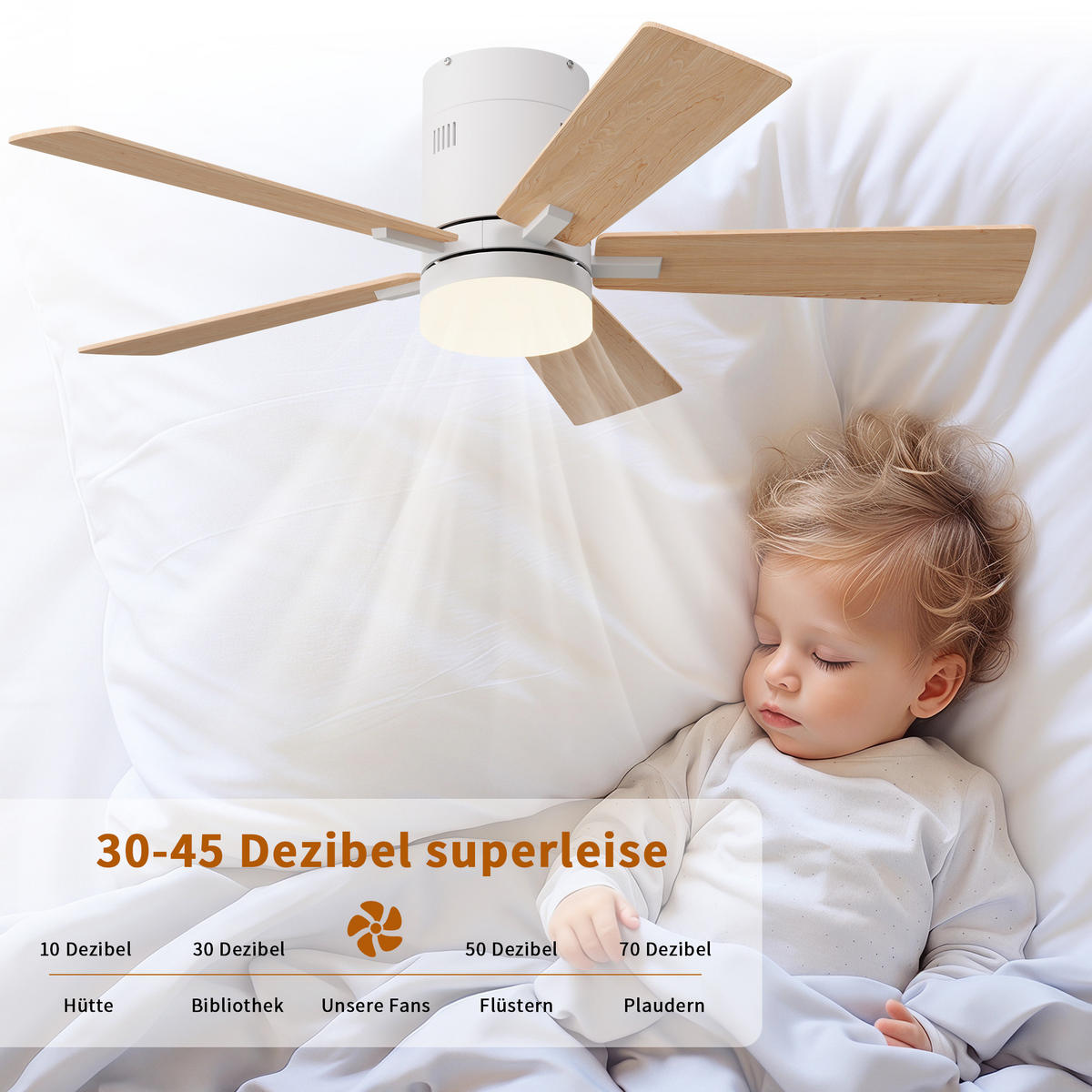 STROPNI ventilator z LED lučko, 106,6 cm, 5 lesenih lopatic, 6 hitrosti in časovnik - naravne barve, kovina (106.6/106.6/28cm) - EuroLiving