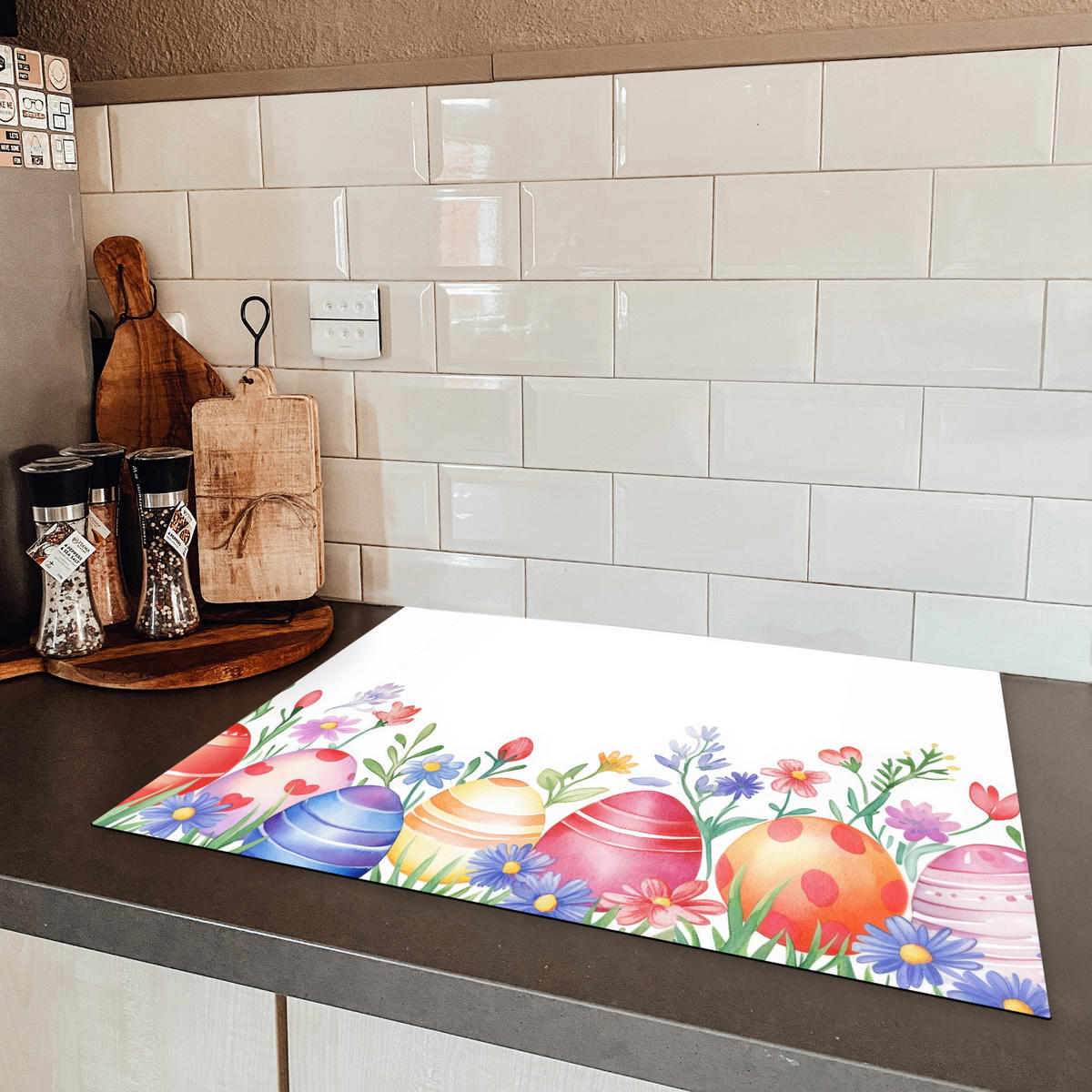 HERDABDECKPLATTE Blumengarten - Bunt - Eier Herdabdeckung Induktionsfeld 70x52 cm - Weiß, Kunststoff (70/52/0.2cm) - MuchoWow