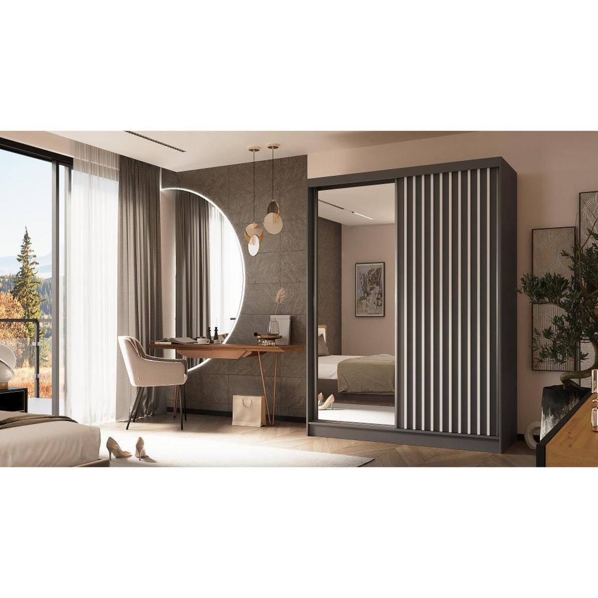 SCHWEBETÜRENSCHRANK Helix 160/216/61 grau+weiß - Weiß/Grau, Holzwerkstoff (160/216/61cm) - Beautysofa