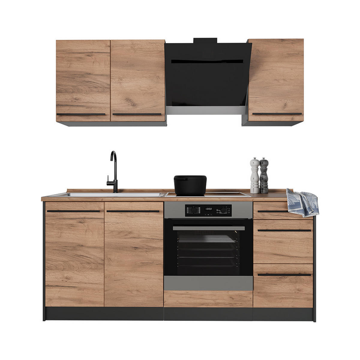 SINGLEKÜCHE R-Line, Goldkraft Eiche/Anthrazit, 180 cm Arbeitsplatte Marmor - Honigeiche/Anthrazit, Holzwerkstoff (180/206.8/60cm) - Vicco