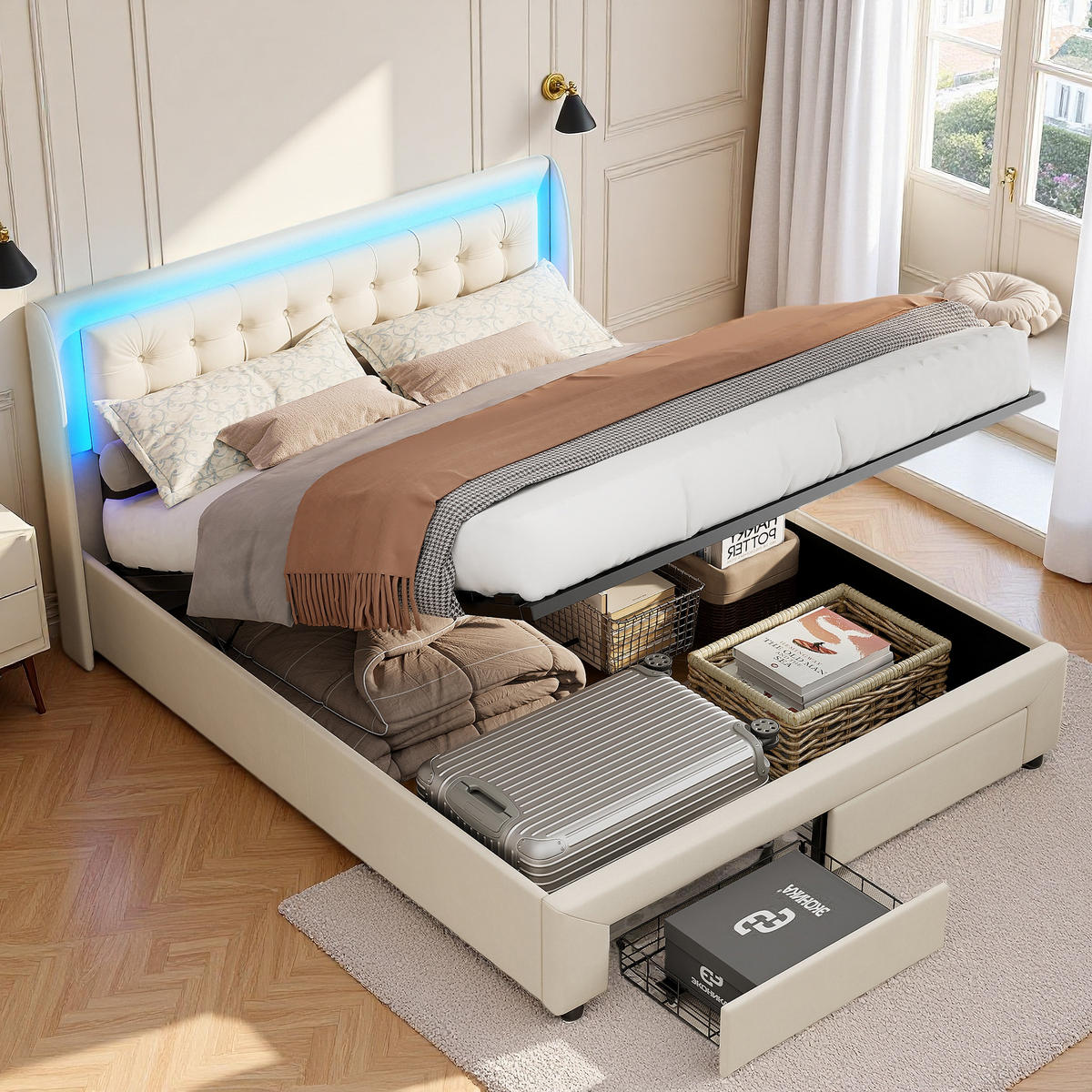 POLSTERBETT 140x190 cm mit LED, 2 Schubladen, Samt, Beige - Beige, Metall (140/190cm)