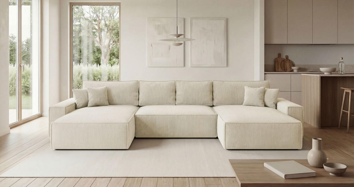 ECKSOFA CALIFORNIA U-Form weiß Cord POSO 100 - Schlaffunktion, Bettkasten - Weiß, Textil (385/185cm) - Cornero