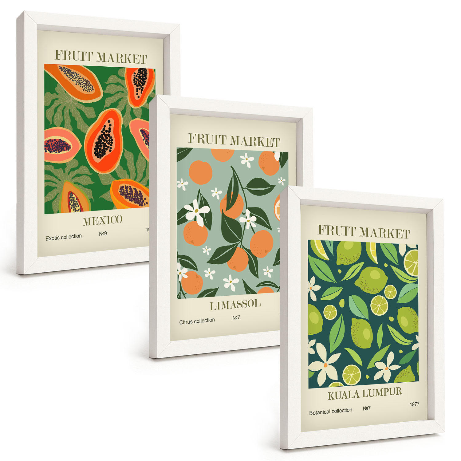 BILDER SET 3er Set - 20x30 cm Weißer Rahmen - Vintage-Poster mit Früchten - Weiß, Kunststoff (20/30cm) - TULUP