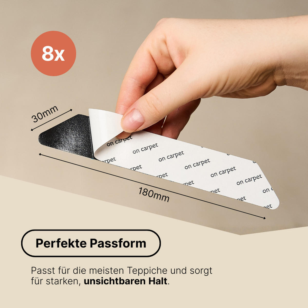 RUTSCHFESTE Teppichstopper 8er Set – selbstklebend, wiederverwendbar & unsichtbar, 180 x 30 mm - Schwarz, Kunststoff (3/18cm)