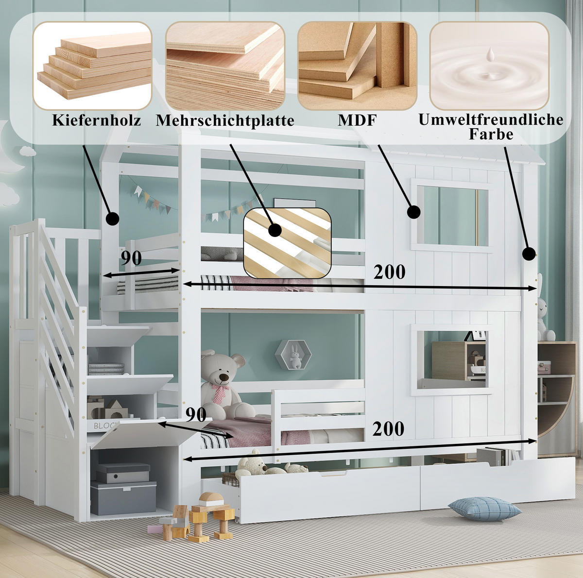 DOMČEKOVÁ posteľ, 90/200 cm, masívne drevo a MDF biela, so schodiskovou skrinkou a zásuvkou - biela, drevo (90/200cm) - BEAOK