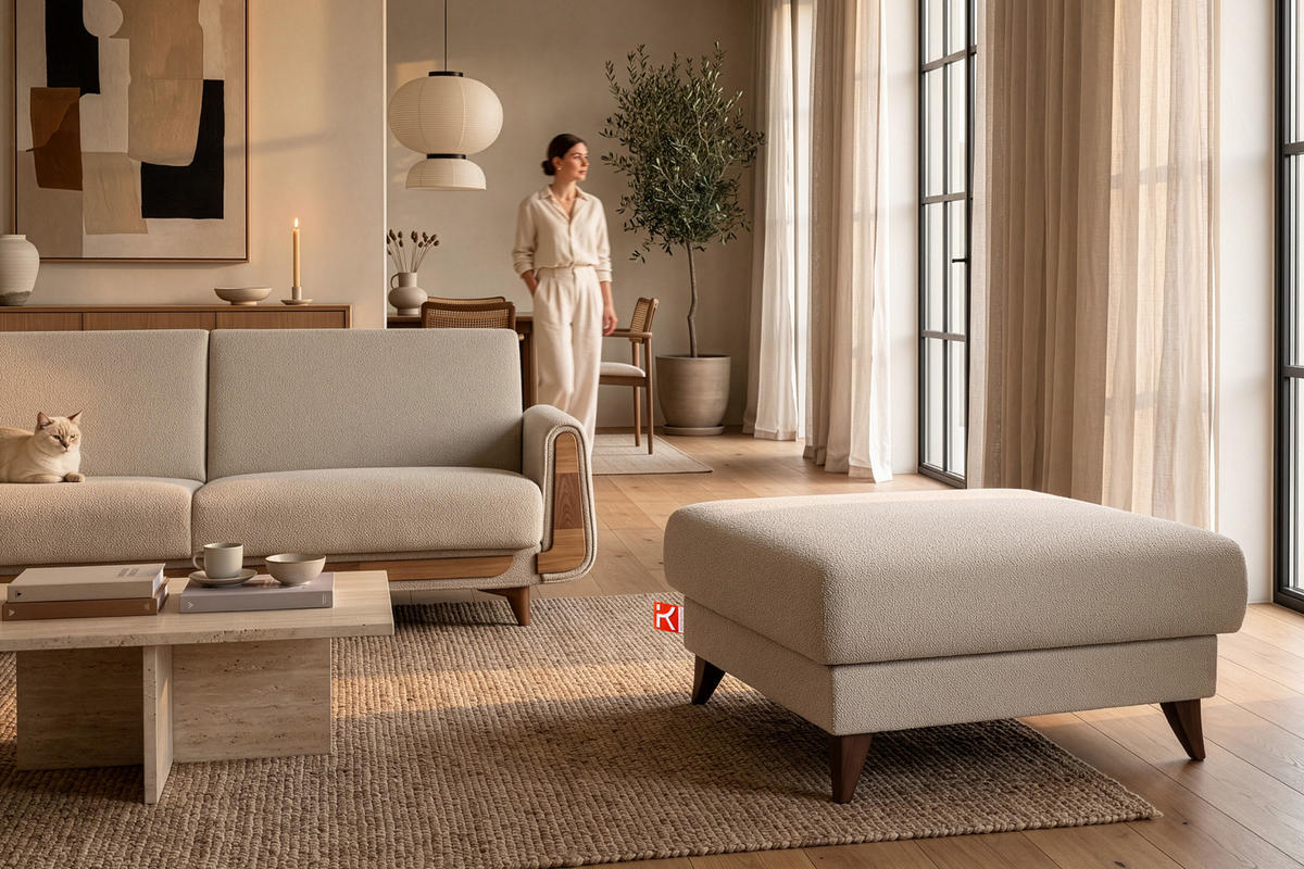 HOCKER GUSTAVO Bouclé, Creme - Creme, Holz/Holzwerkstoff (92/49/92cm) - KONSIMO®