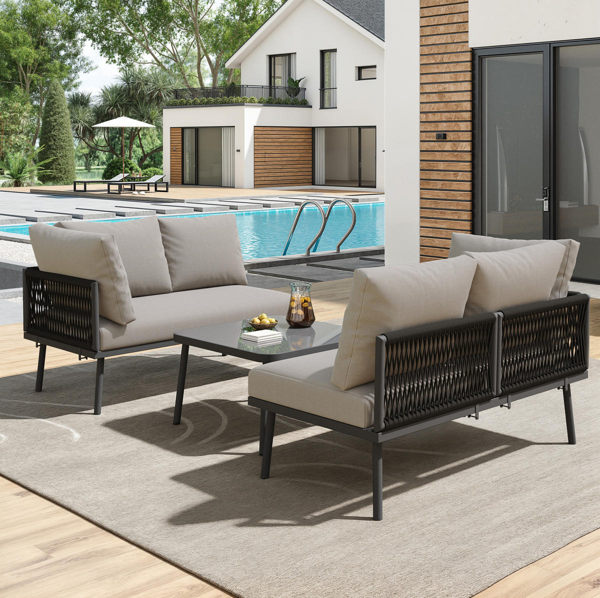 GARTEN-LOUNGE-SET mit Eisenrahmen & Seil, 2 Sofas 120/60/72 cm + Tisch 53/53/36 cm, Grau - Grau, Metall - Redom