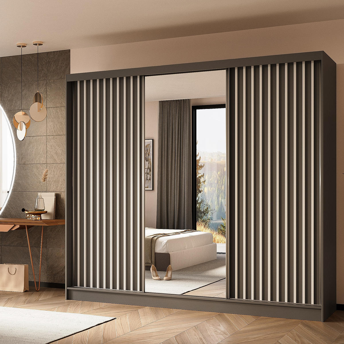 SCHWEBETÜRENSCHRANK LAMELLO 240/216/61 cm 3-türig mit Spiegel Grau - Grau, Holzwerkstoff (240/216/61cm) - MASSENO