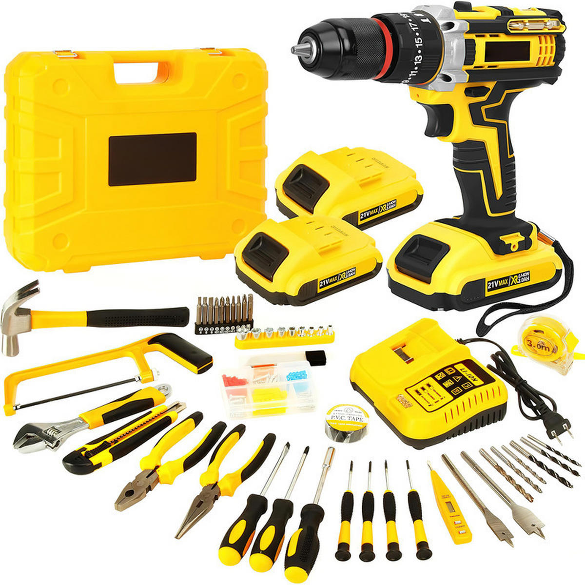 AKKU-SCHLAGBOHRMASCHINE 21 V – Mini Wireless Bohrhammer & Elektroschrauber, Li-Ionen-Akku - Gelb, Metall (10/5/12cm) - Coonoor