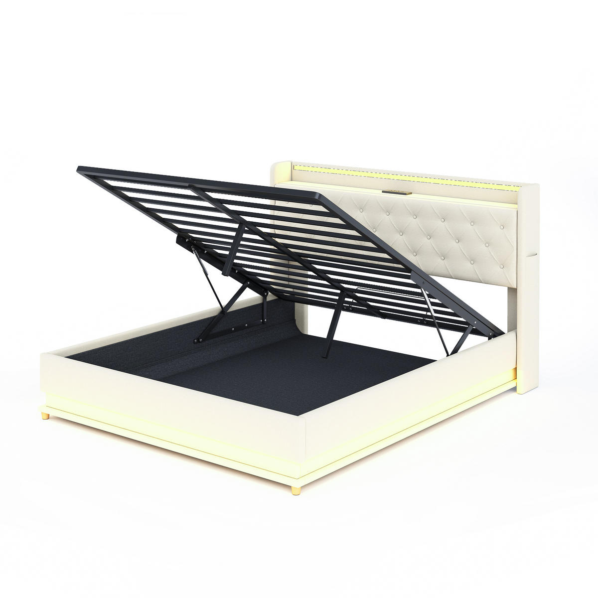ČALOUNĚNÁ POSTEL 160/200 cm v béžové barvě s LED, USB a úložným prostorem - béžová, kov/kompozitní dřevo (160/200cm) - CHICFURN