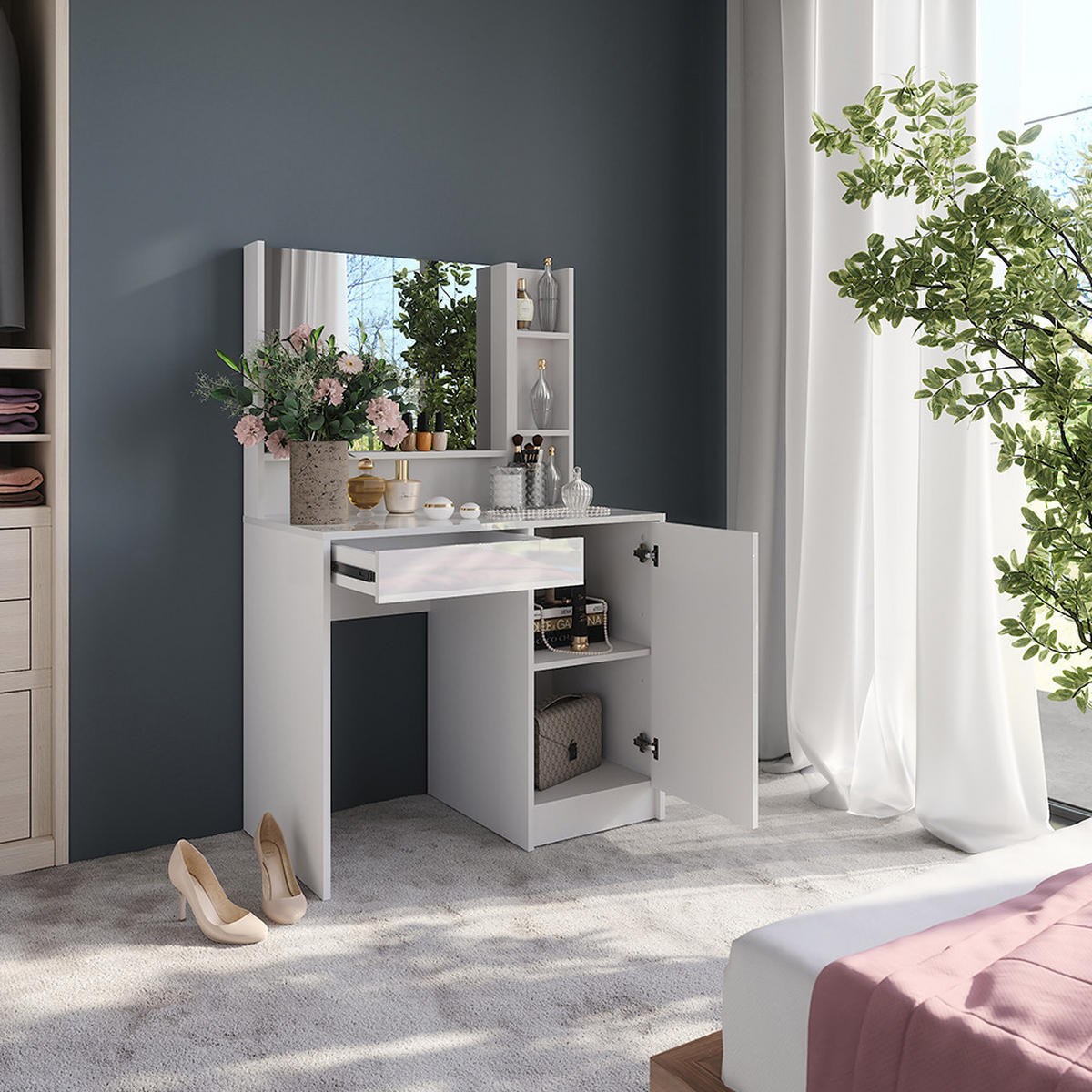 SCHMINKTISCH Sherry Weiß/Weiß Hochglanz 89.8 cm 3 Teile - Weiß Hochglanz, Holzwerkstoff (89.8/76/50.1cm) - Vicco