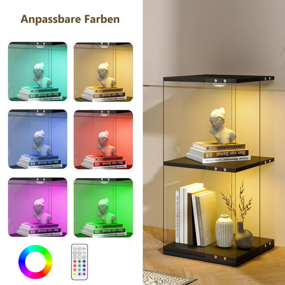 DREHVITRINE 360° mit RGB LED, 2 Ebenen, Glasvitrine schwarz für Deko - Schwarz, Glas (38/82/38cm) - SHOPENTRA