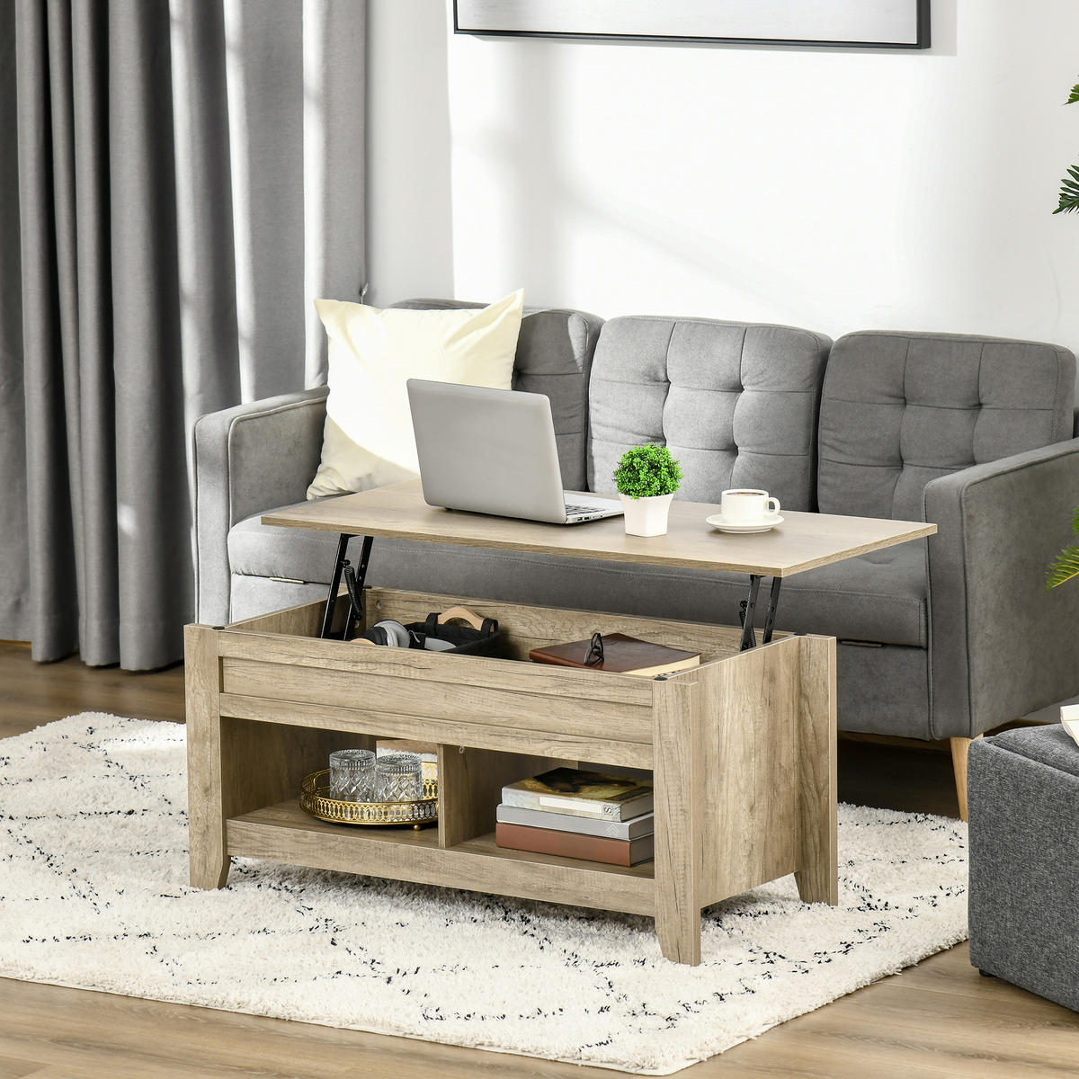 COUCHTISCH DE-15733 klappbare Platte, 105x50x49-62,5 cm Hell Eiche - Eichefarben, Holzwerkstoff (105/74/61.5cm) - ComfortXL
