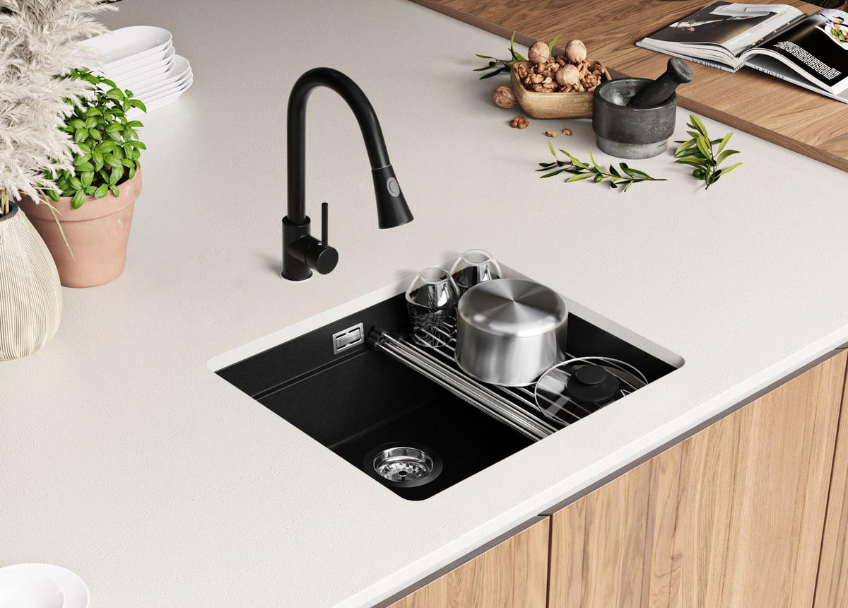 UNTERBAUSPÜLE GRANIT Praga, 2-er set Alles Schwarz 56/47 cm 1 Becken + Ablauf-Set + Aufrollbare Abtropffläche ab 60er Unterschrank - Schwarz, Kunststoff (56/20/47cm) - Primagran