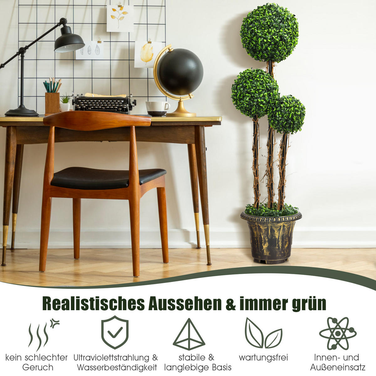 KUNSTBAUM mit Topf und 3 Kugeln Grün - Grün, Kunststoff (120cm) - COSTWAY