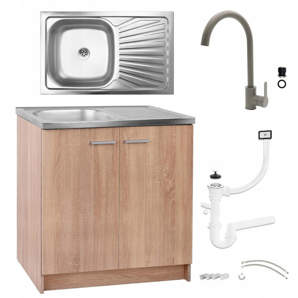 SPÜLUNTERSCHRANK 80cm mit Spüle + Armatur + Siphon Sonoma-Eiche - Sonoma Eiche, Holzwerkstoff (80/82/50cm) - Stamar