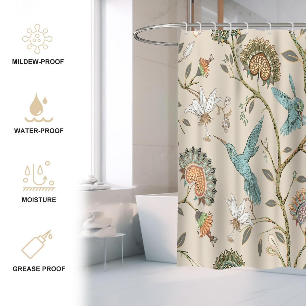 DUSCHVORHANG Weiß floral Blumen und Vögel Muster Polyester wasserdicht schimmelresistent mit Haken - Multicolor, Textil (180/180cm) - MCBOSON