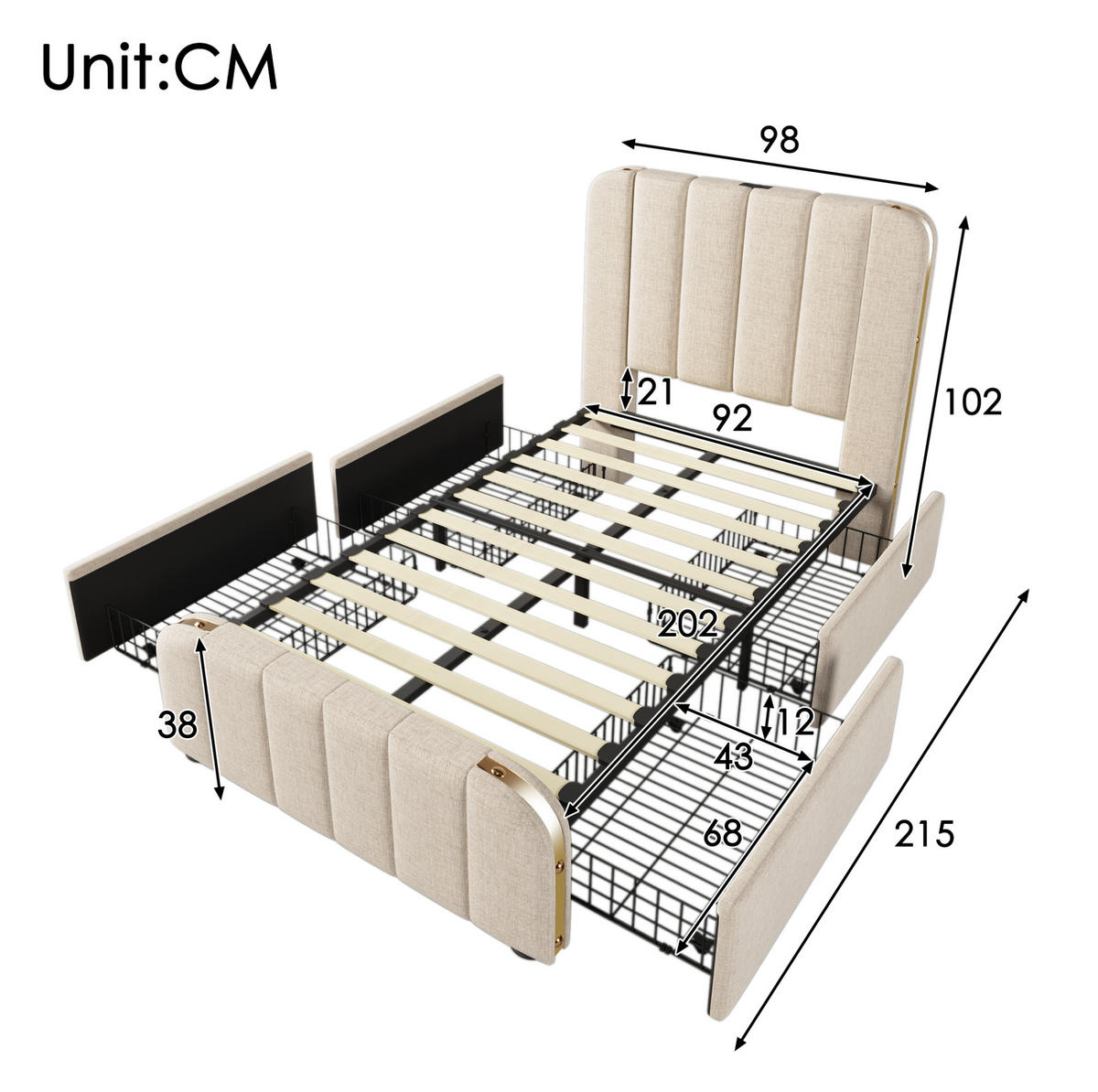 POLSTERBETT 90/200 cm Beige aus Leinen mit USB- und Typ-C-Ladefunktion - Beige, Textil (90/200cm) - OKMYHOME