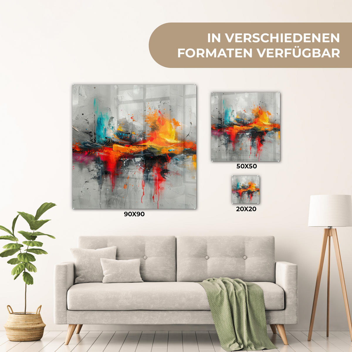 ACRYLGLASBILD Moderne Kunst - Orange - Grau - Abstrakt 90x90 cm - Hellgrau, Glas (90/90cm) - MuchoWow