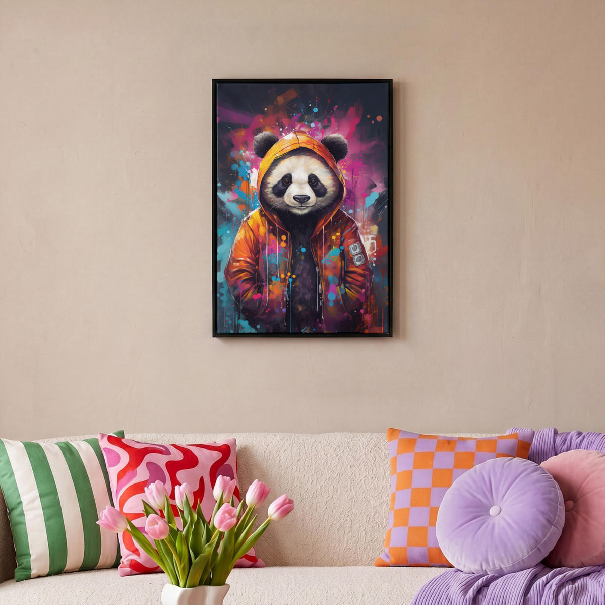LEINWAND Bilder mit Rahmen - Panda - Jacke - Graffiti - Orange - 40x60 - Orange, Textil (40/60cm) - MuchoWow