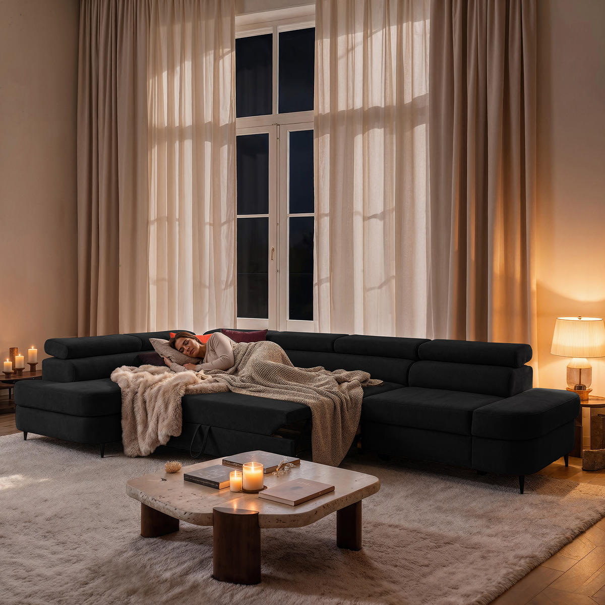 ECKSOFA PRIAM MAXI L-Form Links mit Schlaffunktion 125x195 Velours Anthrazit - Anthrazit/Schwarz, Holz/Textil (203/350cm) - Muffo