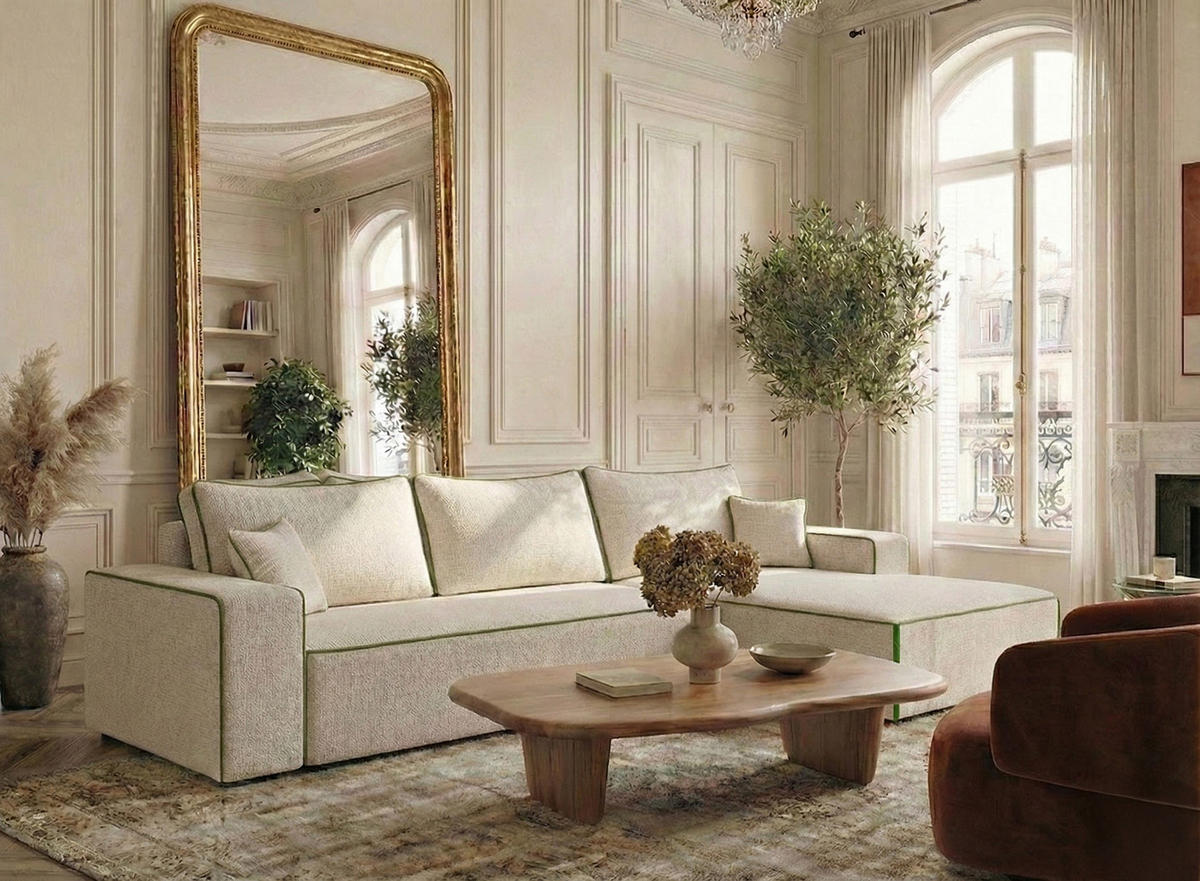 ECKSOFA MIT SCHLAFFUNKTION Modo Grau Chenille-Stoff - Rechts Seite - Creme/Schwarz, Holz/Holzwerkstoff (294/185cm) - Maison de Reve