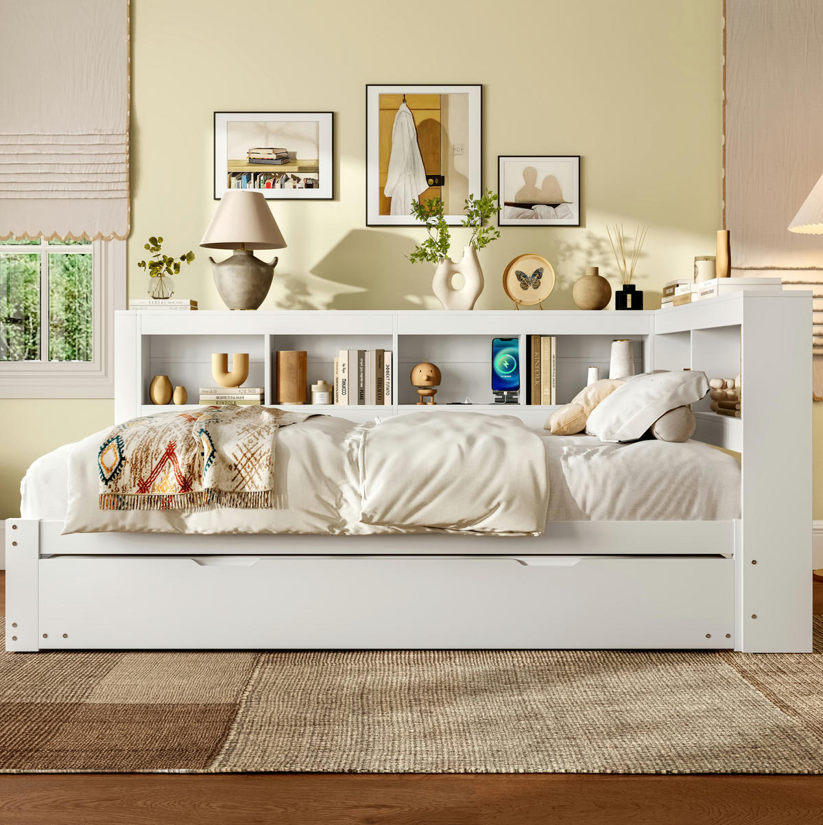 MULTIFUNKTIONSBETT 140/200 cm Weiß mit ausziehbarem Bett und USB-Anschlüssen - Weiß, Holz (140/200cm) - OKWISH