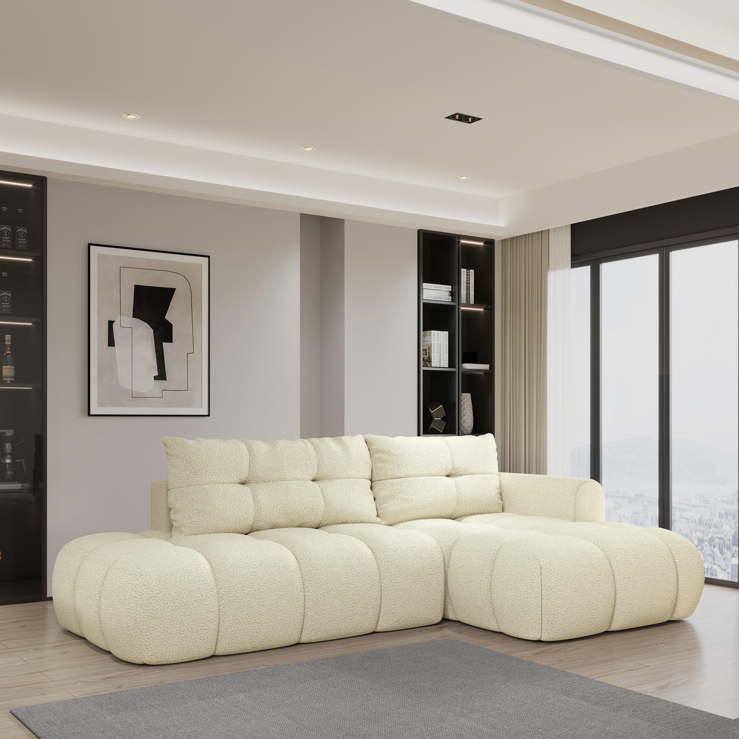 ECKSOFA FLUMA R-S Creme Boucle-Stoff mit Schlaffunktion - Creme, Holz (274/165cm) - MASSENO