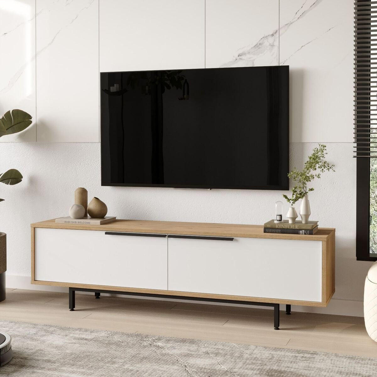 TV stolek se 2 výklopnými dvířky, dubový a bílý efekt, šířka 160 cm - NAYA - barva jasanu, kompozitní dřevo (35.5/45.1/10cm) - Calicosy