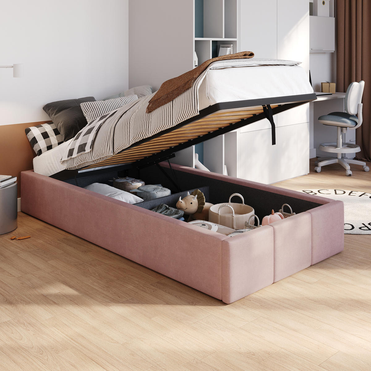 POLSTERBETT für Schlafzimmer Bett mit Stauraum Rosa 90x200cm - Rosa, Holzwerkstoff/Textil (90/200cm) - Muralo