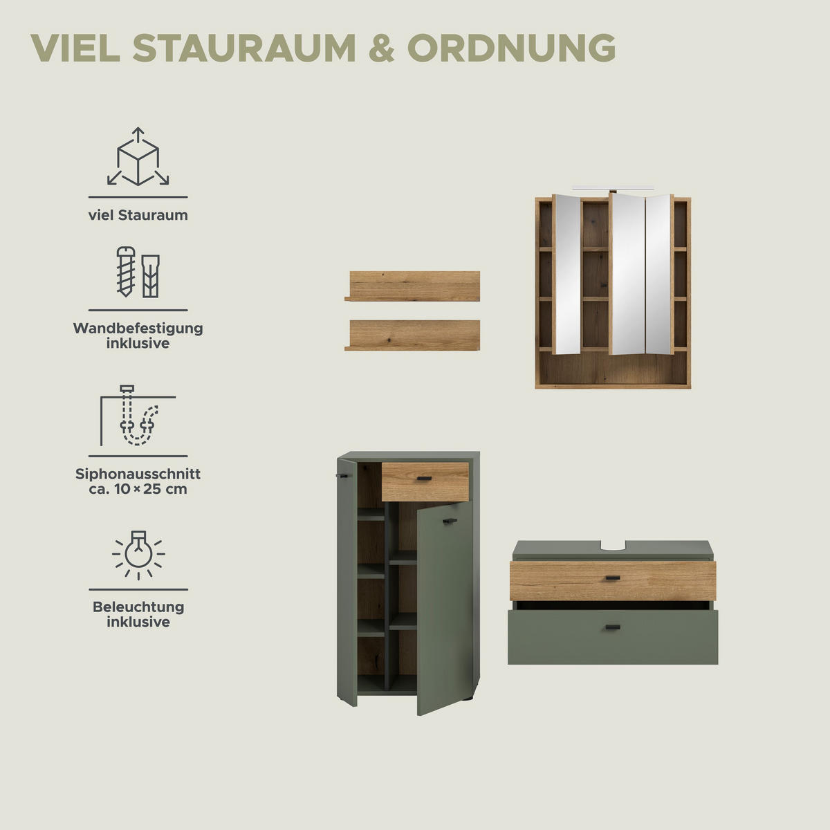 BADEZIMMER inkl. Beleuchtung Azur 5-tlg. (B/H/T: ca. 141/191/35 cm) in Sage Green/Sage Green - Grün, Holzwerkstoff (141/191/35cm)