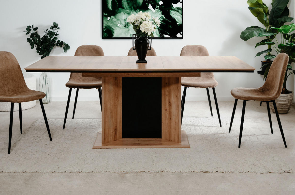 ESSTISCH Eiche Artisan, schwarz, Säulentisch ausziehbar 160 - 200 x 90 cm - Schwarz/Eiche Artisan, Holzwerkstoff (160/90/76cm) - Furn.Design