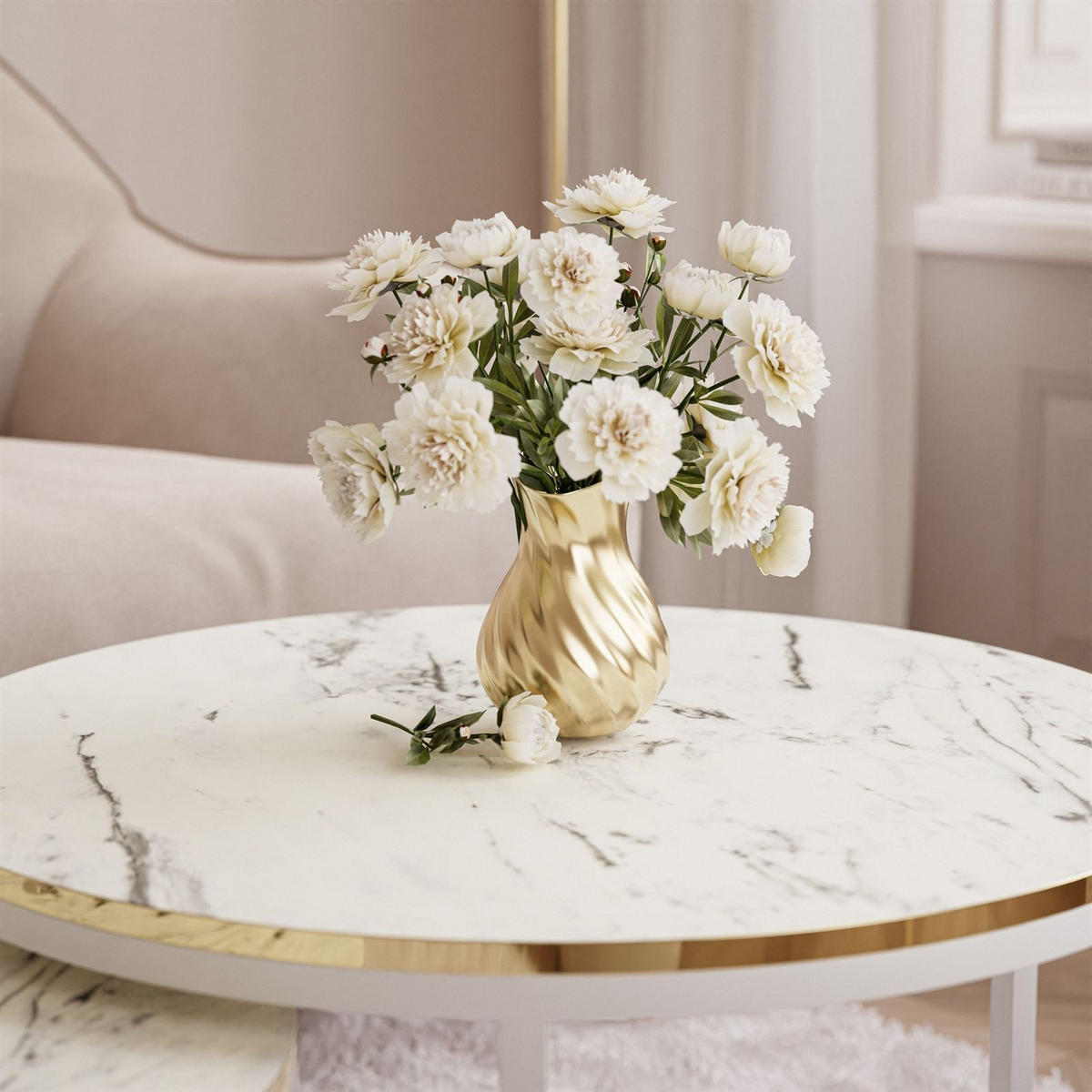 COUCHTISCH Set SOLEIL 2in1, rund, Weiß Marmor-Optik und Weiß Gestell - Weiß, Holzwerkstoff (70/70/48cm) - Lookway