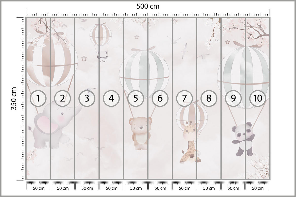 FOTOTAPETE für Kinderzimmer Tiere Himmel Elefant Giraffe Panda Vögel Ballons 500x350 - Multicolor, Papier (500/350cm) - Muralo
