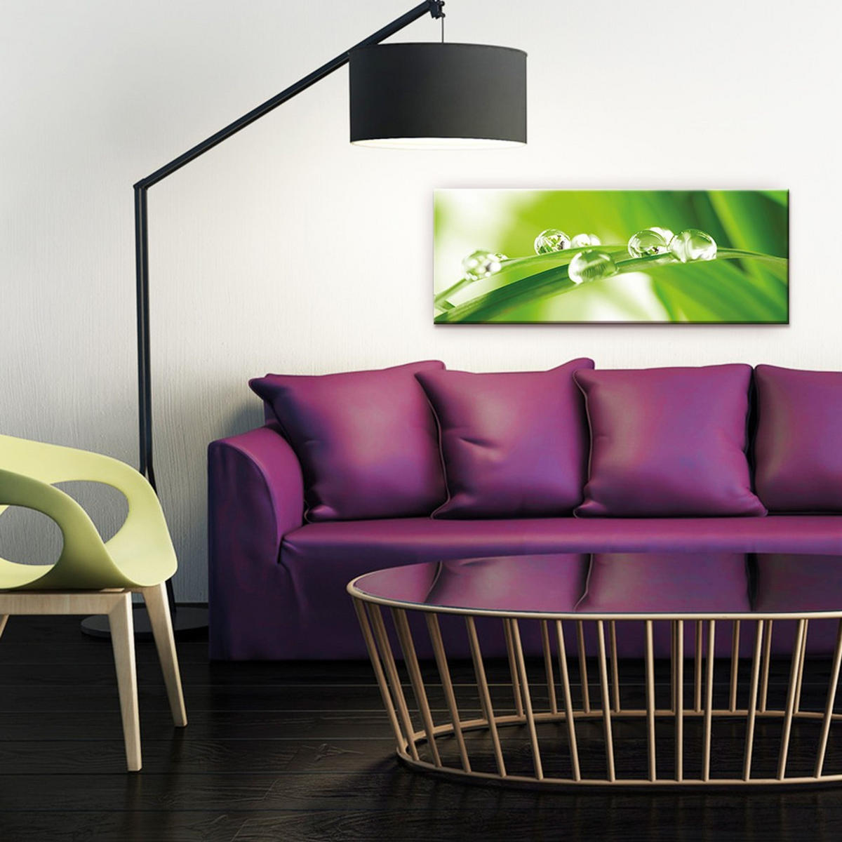 GLASBILD 80x30 cm Blatt Wassertropfen Grün - Grün, Glas (80/30cm) - artissimo