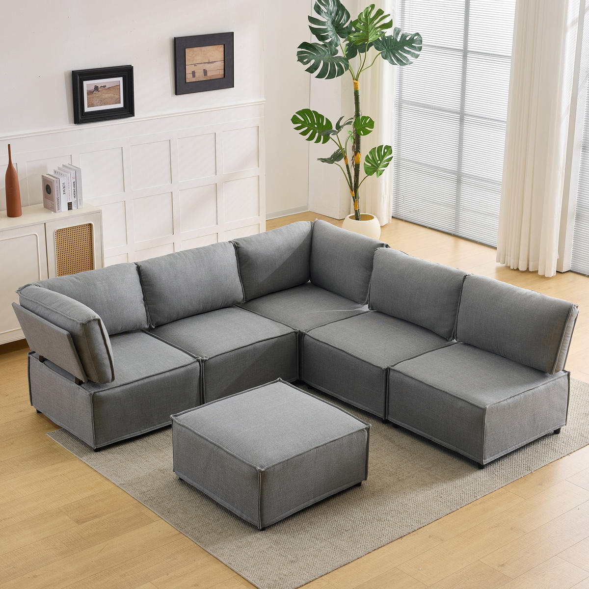 ECKSOFA mit Schlaffunktion und frei kombinierbaren Elementen, Hellgrau - Hellgrau, Kunststoff (308/152cm) - Redom