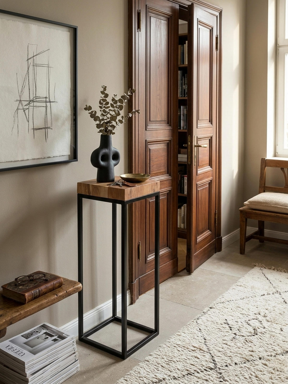 BEISTELLTISCH – Akazienholz Metall Natur 30x97x30 cm Industrial - Beige/Schwarz, Holz/Metall (30/30/97cm) - KADIMA DESIGN